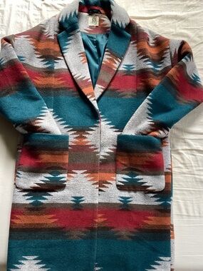 Anthropologie Teal Red Rust Patterned Blazer Coat
